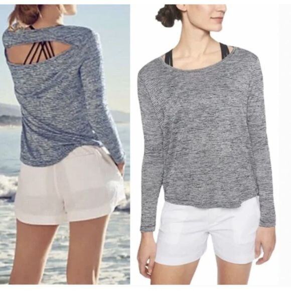 Athleta XSmall XS Navy Blue Striped Breezy Open Back Long Sleeve Tee Modal Blend - Picture 10 of 10